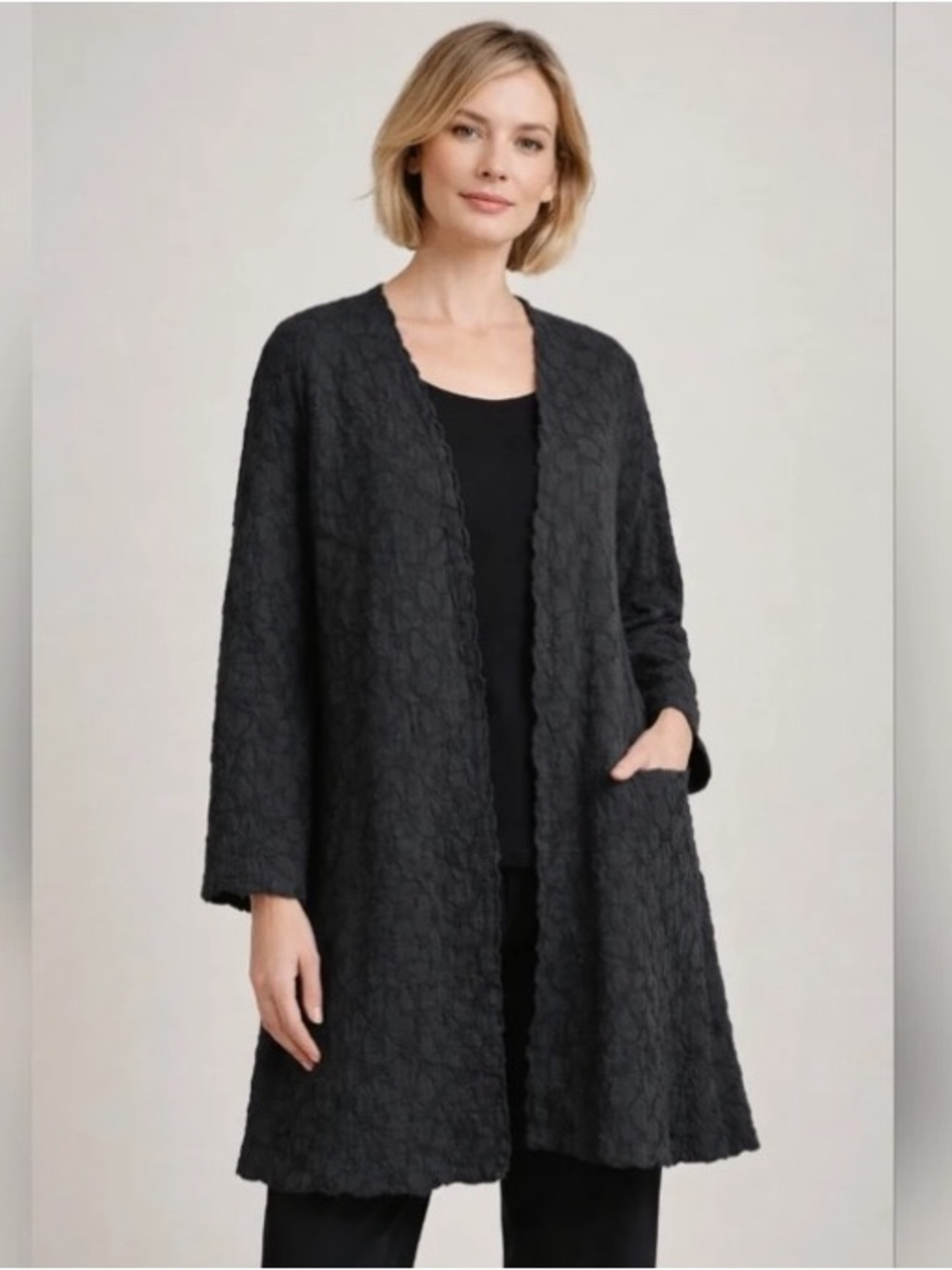 Eileen Fisher Wool Open Cardigan/Jacket Crinkle Texture Scalloped Front Medium
